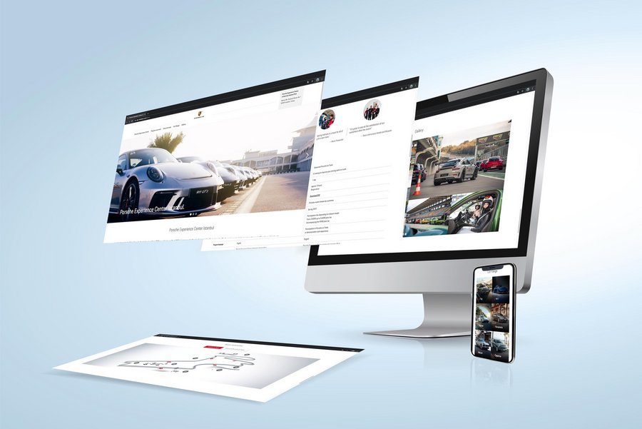 Abbildung eines Rechners mit der Website des Porsche Experience Centers auf dem Bildschirm Abbildung eines Rechners mit der Website des Porsche Experience Centers auf dem Bildschirm