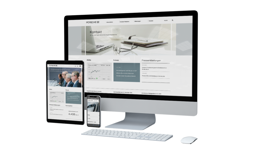 Auf einem Desktop-Computer, Tablet und Smartphone wird die Startseite der Porsche SE Website gezeigt.