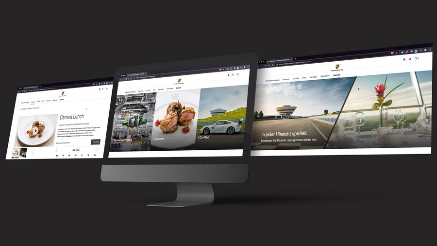 Abbildung eines Monitors der die Startseite der Porsche Leipzig Website zeigt. Links und rechts daneben ist jeweils ein weiterer Screenshot der Eventbuchung und einer Highlightsseite zu sehen.
