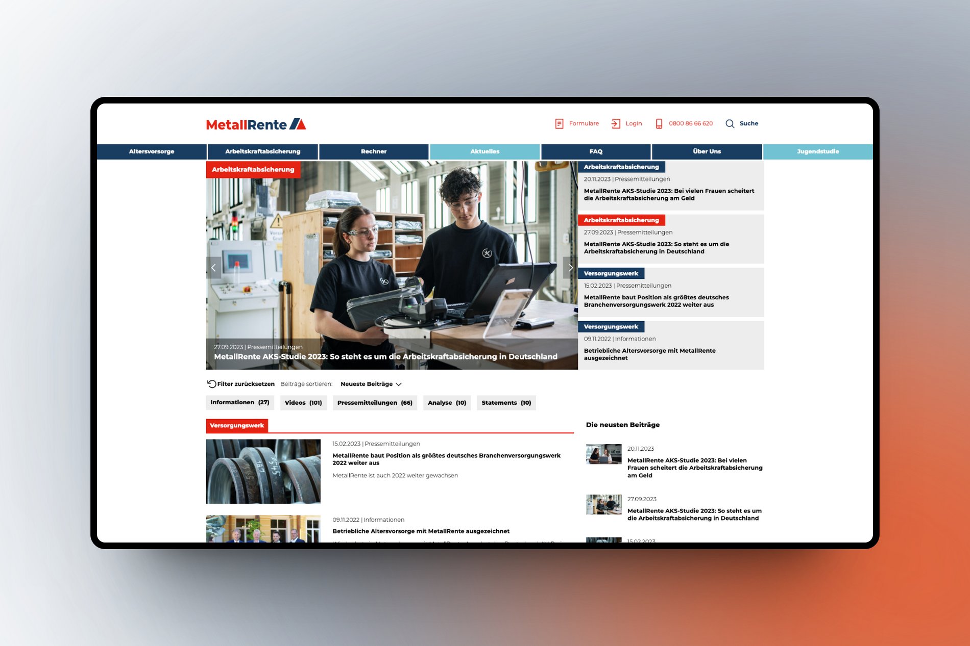 Darstellung des Bereichs "Aktuelles" in der Internetseite www.metallrente.de Darstellung des Bereichs "Aktuelles" in der Internetseite www.metallrente.de