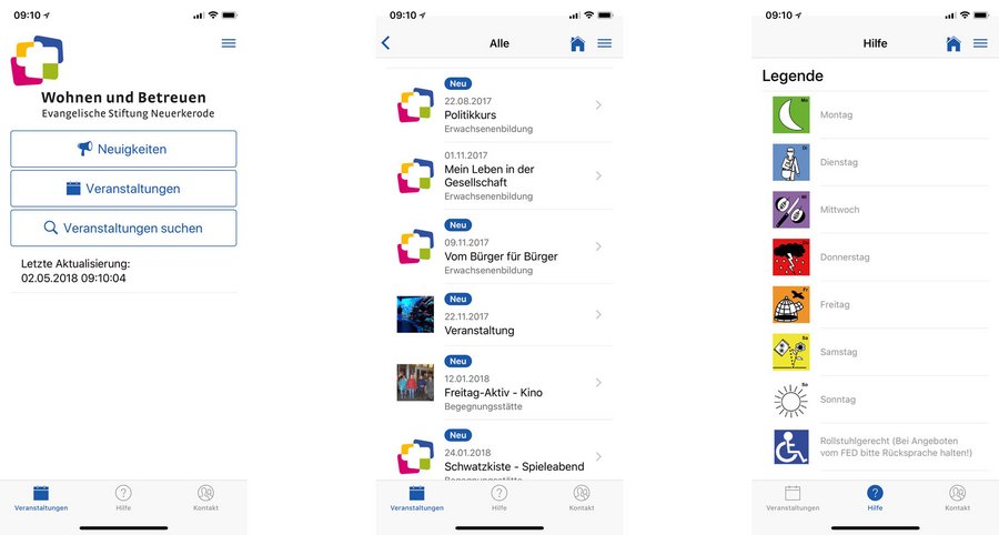 Screenshots der Neuerkerde-App mit 3 verschiedenen Ansichten der App